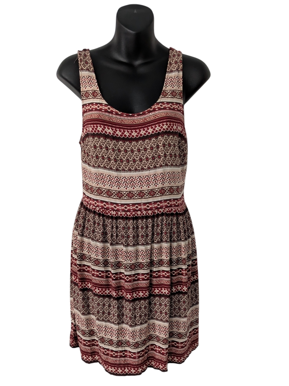 Forever 21 Burgundy and Cream Printed Sleeveless Bow Detail Open Back Mini Dress